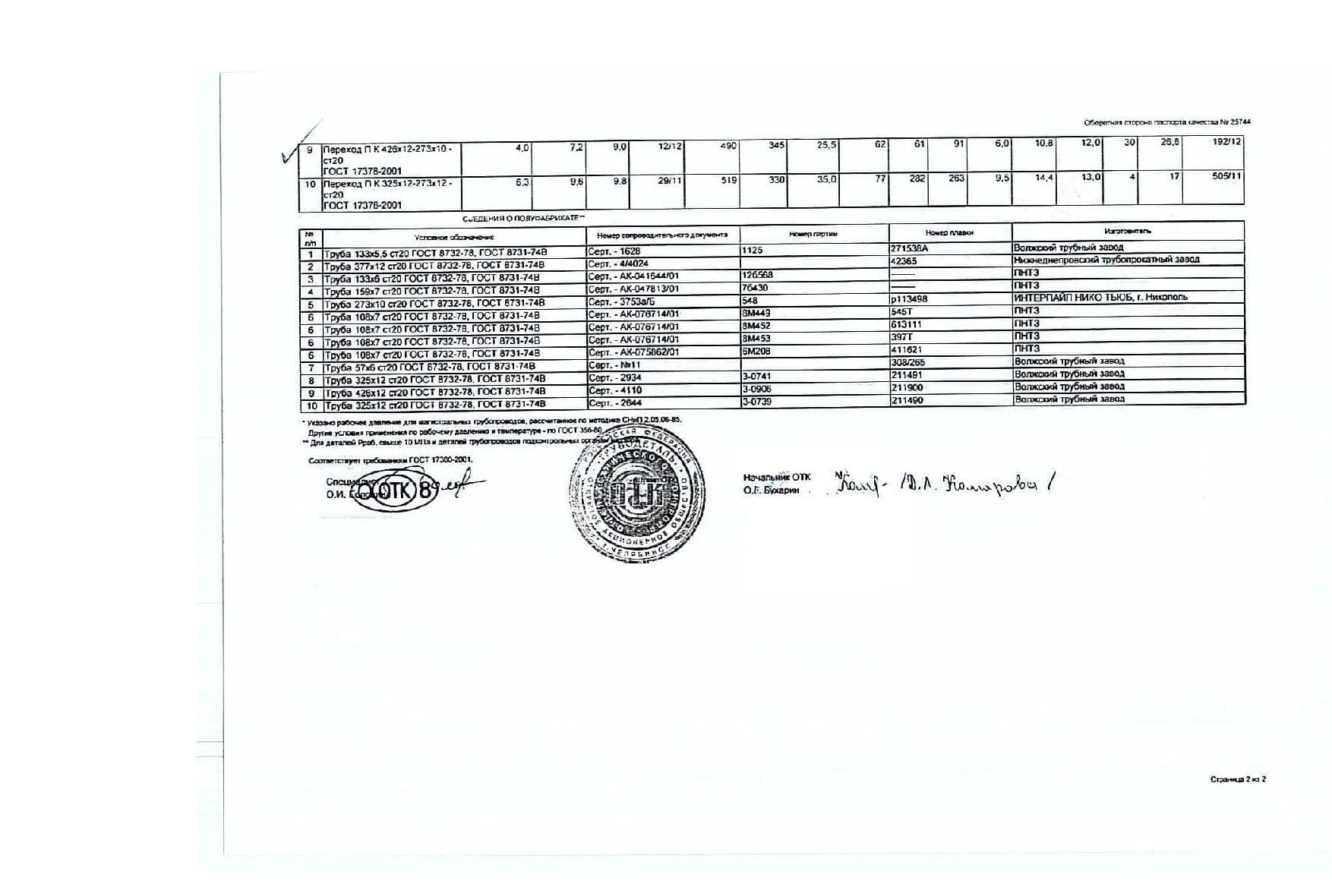 Сертификат на тройники 377х12-273х10 ст.20 (1.2)